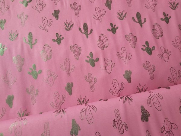 Baumwolljersey - Foliendruck Kaktus grün rosa